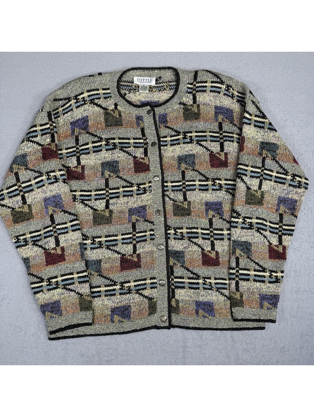 Vintage Tuttle Geometric Knit Cardigan Sweater Cotton Blend Button Front L